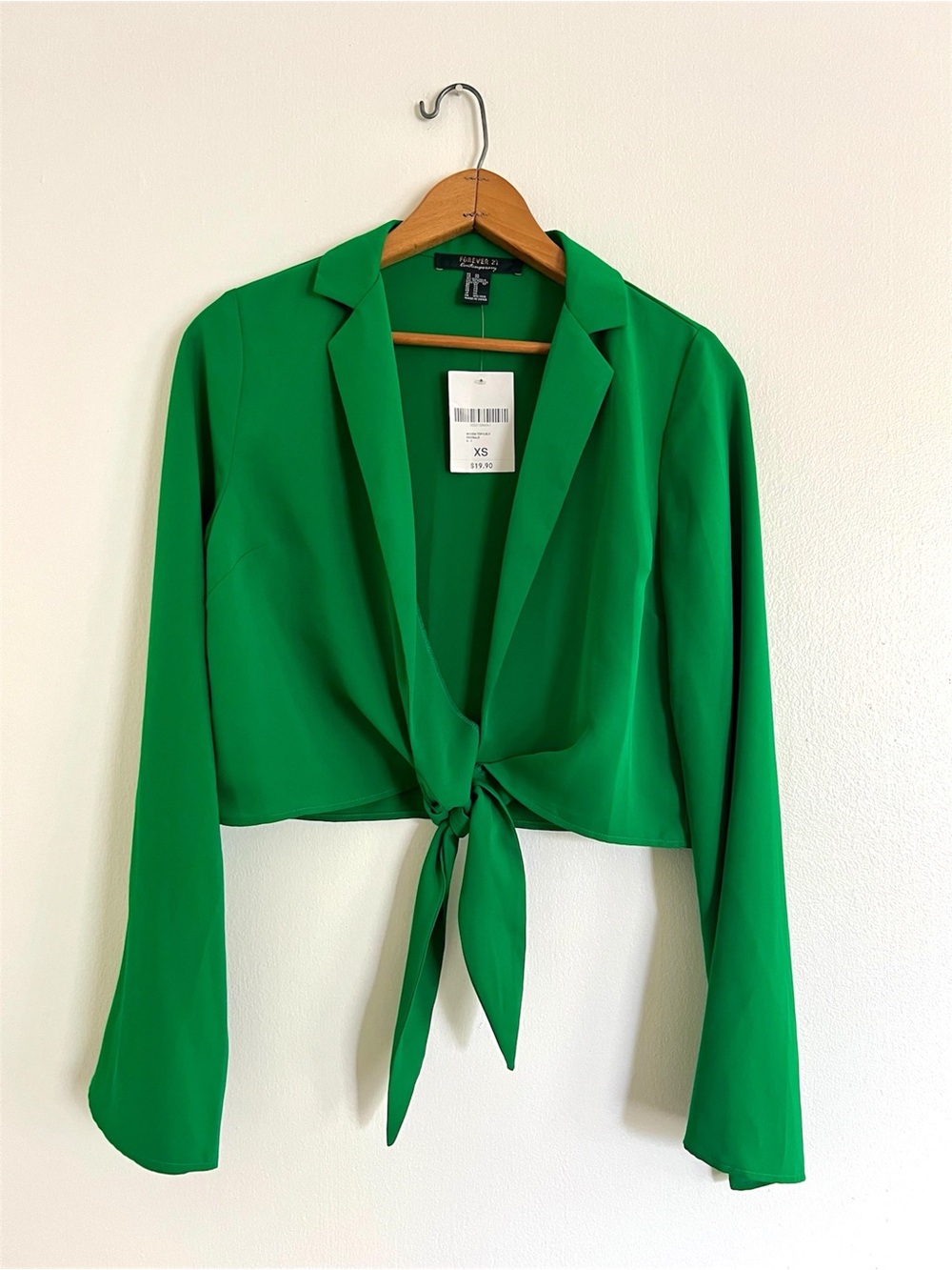 Forever 21 Green Bell Sleeve Tie Front Crop Blouse